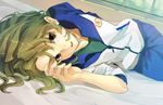  bad_id bad_pixiv_id brown_eyes bunkyo_takemi green_hair inazuma_eleven inazuma_eleven_(series) long_hair lying male_focus midorikawa_ryuuji solo track_suit 