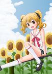  :d arm_support ayama_yuiya bare_shoulders blonde_hair cloud day flower hikaru_(houkago_no_pleiades) houkago_no_pleiades mary_janes open_mouth school_uniform shoes sitting skirt sky smile solo sunflower twintails yellow_eyes 