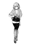  bokkori boots breasts cleavage copyright_request fingerless_gloves gloves greyscale large_breasts monochrome short_hair skirt solo thighhighs 