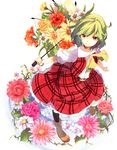  ankle_boots ascot belt black_legwear boots bracelet floral_background flower green_hair hirasaka_ine jewelry kazami_yuuka pantyhose parasol pink_eyes pink_flower pink_rose plaid plaid_skirt plaid_vest purple_eyes rose short_hair skirt skirt_set smile solo sunflower touhou umbrella vest water 