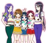  arm_behind_back bare_arms belt blue_eyes blue_hair brown_eyes brown_hair chypre_(heartcatch_precure!) coffret_(heartcatch_precure!) cologne_(heartcatch_precure!) coupe frown glasses hair_ornament hairpin hanasaki_tsubomi hand_on_hip happy heart heartcatch_precure! kurumi_erika kurumi_momoka long_hair midriff multiple_girls myoudouin_itsuki navel one_eye_closed pants potpourri_(heartcatch_precure!) precure purple_hair red_hair ribbon shirt short_hair sidelocks simple_background skirt smile tsukikage_yuri twintails v yuuma_(skirthike) 