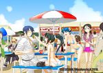  6+girls :d ass back bad_id bad_pixiv_id bare_back bikini black_hair blue_hair brand_name_imitation breasts cleavage fast_food feeding flower food glasses hair_flower hair_ornament hairclip hamburger hebina_masayoshi jacket jacket_over_swimsuit leaning_forward long_hair mcdonald's medium_breasts multiple_boys multiple_girls open_mouth original ponytail short_hair small_breasts smile surprised swimsuit wcdonalds 