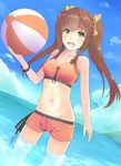  ball bare_shoulders bikini breasts brown_hair cloud clouds fang green_eyes hair_ribbon highres huang_lingyin infinite_stratos long_hair midriff navel ocean open_mouth ribbon sky smile swimsuit twintails 
