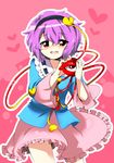  absurdres blush eromame eyeball hairband heart highres holding komeiji_satori pink_skirt purple_eyes purple_hair short_hair skirt smile solo third_eye touhou 