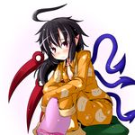  ahoge asymmetrical_wings black_hair blush breasts cleavage houjuu_nue ichimi leg_hug pajamas pillow pointy_ears red red_eyes sitting sitting_on_pillow sleeves_past_wrists small_breasts solo touhou wings 