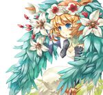  blonde_hair blue_eyes elbow_gloves elle_(lom) flower gloves hair_flower hair_ornament highres legend_of_mana monster_girl nature petals seiken_densetsu solo waniwani wings 