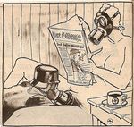  breasts brown_theme coffee coffee_cup der_st&#252;rmer der_st&uuml;rmer female gas_mask helmet monochrome nazi newspaper swastika table willhem 