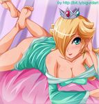  bare_legs bare_shoulders barefoot blonde_hair blush breasts cleavage closed_mouth collarbone crossed_ankles crown dress dress_lift earrings feet green_dress green_eyes hair_over_one_eye jewelry large_breasts lips long_hair long_sleeves looking_at_viewer lying mario_(series) no_panties off-shoulder_dress off_shoulder on_stomach rosetta_(mario) short_dress sigurd_hosenfeld smile soles solo super_mario_bros. super_mario_galaxy the_pose toes watermark web_address 