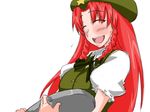  :d ^_^ bakuya beret bow braid closed_eyes hair_bow hat hong_meiling long_hair open_mouth red_hair smile solo star touhou tray twin_braids upper_body 