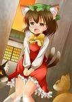  animal_ears between_legs blush brown_eyes brown_hair cat cat_ears cat_tail chen dutch_angle earrings hand_between_legs hat have_to_pee jewelry multiple_tails pee peeing short_hair solo tail takamoto_akisa tears touhou 
