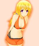  arms_behind_back bikini blond_hair blonde_hair blush breasts charlotte_dunois cleavage female gradient gradient_background infinite_stratos midriff navel open_mouth ponytail purple_eyes solo swimsuit 