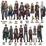  6+boys belt black_hair black_legwear blonde_hair blue_eyes blush book broom brown_eyes brown_hair buttons candy draco_malfoy earrings everyone food fred_weasley george_weasley ginny_weasley glasses green_eyes green_legwear hair_ribbon hands_in_pockets harry_james_potter harry_potter hermione_granger highres james_potter jewelry lily_evans loafers long_hair luna_lovegood mary_janes multiple_boys multiple_girls nakagawa_waka necklace necktie neville_longbottom open_mouth orange_hair pants pantyhose peter_pettigrew ponytail red_eyes red_hair regulus_arcturus_black remus_john_lupin ribbon robe ron_weasley scar school_uniform severus_snape shoes short_hair sirius_black skirt smile smirk sweatdrop sweater sweater_vest third-party_edit wand younger 