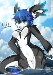  adiago anthro blue_eyes blue_hair breasts cute dragon dragoon86 female furry giftart highres horn looking_at_viewer nipples nude ocean pussy rift_drake scalie solo splash spots stripes water 