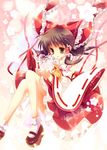  bow brown_eyes brown_hair bug butterfly flower glowing hair_bow hakurei_reimu insect light mary_janes mineko shoes socks solo touhou white_legwear 