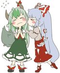  &gt;_&lt; blush_stickers cheek_kiss chibi closed_eyes dress_shirt ex-keine fujiwara_no_mokou green_hair grey_hair horns imminent_kiss kamishirasawa_keine kiss long_hair multicolored_hair multiple_girls nervous pants peconica red_eyes shirt silver_hair standing suspenders tail touhou two-tone_hair very_long_hair 