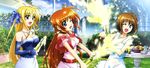  absurdres alcohol belt blonde_hair bow brown_hair champagne elbow_gloves fate_testarossa food gloves hair_bow hair_ornament hairclip hashimoto_takayoshi highres long_hair long_image lyrical_nanoha mahou_shoujo_lyrical_nanoha_strikers multiple_girls non-web_source nyantype official_art one_eye_closed open_mouth outdoors red_eyes short_hair takamachi_nanoha very_long_hair wide_image x_hair_ornament yagami_hayate 