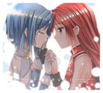  bad_id bad_pixiv_id blue_hair cape detached_sleeves gloves hair_down holding_hands long_hair mahou_shoujo_madoka_magica miki_sayaka multiple_girls red_eyes red_hair sakura_kyouko short_hair swordsouls tears 