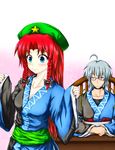  1girl ahoge beret blue_eyes braid breasts chair cleavage closed_eyes cosplay crossdressing glasses hat highres hong_meiling long_hair mannen_ao medium_breasts morichika_rinnosuke morichika_rinnosuke_(cosplay) red_hair short_hair silver_hair star sweatdrop table touhou twin_braids white_hair 