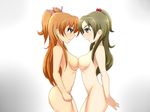  2girls blue_eyes breast_press breasts character_request covering female green_eyes green_hair houjou_hibiki long_hair minamino_kanade multiple_girls nude nude_cover orange_hair precure pretty_cure simple_background suite_precure suite_pretty_cure symmetrical_docking yuri 