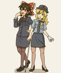  bad_id bad_pixiv_id black_hair blonde_hair bow braid cane female_service_cap gloves hair_bow hakurei_reimu hat high_heels hikimaru kirisame_marisa multiple_girls mystia_lorelei mystia_lorelei_(bird) pantyhose pencil_skirt police police_uniform policewoman shoes skirt touhou uniform whistle 