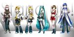  4girls aqua_eyes aqua_hair arm_warmers blonde_hair blue_eyes blue_hair boots brown_eyes brown_hair caffein detached_sleeves hair_ornament hair_ribbon hairclip hatsune_miku highres kagamine_len kagamine_rin kaito leg_warmers lineup long_hair megurine_luka meiko midriff multiple_boys multiple_girls navel necktie pink_hair ribbon short_hair shorts skirt thigh_boots thighhighs twintails very_long_hair vocaloid zettai_ryouiki 