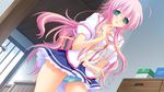  ama_ane game_cg green_eyes kumatora_tatsumi long_hair panties pink_hair seifuku skirt_lift underwear yashima_yuzuki 