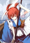  boat mieharu onozuka_komachi polearm red_eyes red_hair short_hair solo touhou two_side_up water watercraft weapon 