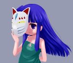  arm_behind_back bangs blue_hair blunt_bangs donoteat dress fox_mask furude_rika grey_background higurashi_no_naku_koro_ni long_hair mask purple_eyes solo 