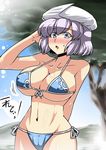  bikini blue_eyes blush breasts cameltoe cleavage day front-tie_top hat highres large_breasts letty_whiterock mountain short_hair side-tie_bikini silver_hair sky solo string_bikini swimsuit touhou tree tsuki_wani 