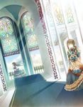  black_hair blue_eyes dutch_angle frills long_hair multiple_girls original side_ponytail stained_glass yamiko 