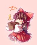  :&lt; blush bow box brown_eyes brown_hair chibi detached_sleeves directional_arrow donation_box hair_bow hakurei_reimu highres looking_up oversized_clothes simple_background solo touhou yuya_(night_lily) 