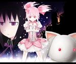  akemi_homura black_hair bubble_skirt choker crack crossed_arms frown gloves gunbuster_pose hairband kaname_madoka kyubey letterboxed lightning80 magical_girl mahou_shoujo_madoka_magica multiple_girls pink_eyes pink_hair puffy_sleeves purple_eyes short_hair short_twintails skirt tears twintails white_gloves 