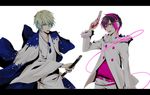  2boys durarara!! gun headphones heiwajima_shizuo highres multiple_boys orihara_izaya psyche_(durarara!!) psychedelic_dreams sword tsugaru_(durarara!!) tsugaru_kaikyo_fuyu_geshiki weapon white 