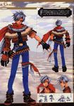  ahoge asymmetrical_clothes belt cartridge cloth coat denim fringe_trim from_behind frown full_body gloves grey_eyes grey_hair highres jeans jet_enduro male_focus official_art ooba_wakako pants scan scan_artifacts scarf shirt shoes spiked_hair wild_arms wild_arms_3 