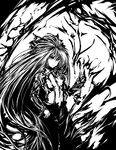  acryl bad_id bad_pixiv_id bow fujiwara_no_mokou greyscale hair_bow hair_ornament long_hair monochrome solo suspenders touhou very_long_hair 