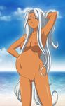  1girl aa_megami-sama arm_up armpits beach breasts dark_skin female gray_eyes grey_eyes highres long_hair nude nude_filter photoshop pregnant pussy smile solo standing uncensored urd very_long_hair water white_hair zero_profile 