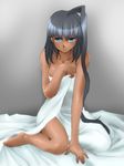  ahoge barefoot bed_sheet biruteratai black_hair blue_eyes collarbone covering dark_skin face feet hands huge_ahoge legs long_hair naked_sheet nude_cover original sitting solo tears very_long_hair yagisaka_seto yokozuwari 