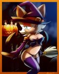  broom brown candles cleavage female gloves green_eyes hair halloween hat nancher panties pumpkin rouge_the_bat skimpy solo sonic_(series) standing stockings underwear white_hair witch 