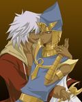  2boys bakura_ryou dark_skin gold jewelry kaiba_seto lowres multiple_boys scar seth tan thief_king_bakura yaoi yu-gi-oh! yuu-gi-ou_duel_monsters 