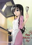  absurdres amagami apron black_hair blue_eyes chocolate chocolate_making cooking hairband happy_valentine highres kitchen long_hair morishima_haruka okingjo sleeves_pushed_up solo valentine whisk 