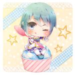  :q blue_eyes blue_hair cape chibi food gloves ice_cream magical_girl mahou_shoujo_madoka_magica miki_sayaka one_eye_closed solo spoon tongue tongue_out tottsuan white_gloves 