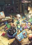  2boys blonde_hair cable child closed_eyes doll drill_hair hat igarashi_youhei indoors lamp mini_hat mini_top_hat multiple_boys original scenery top_hat workshop 