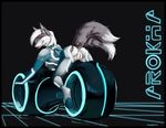  2001 anus arokha breasts butt canine commission ears female fluffy_tail fox hair identity_disc light_cycle looking_at_viewer mammal multiple_tails paws pussy solo tails tongue tongue_out tron truegrave9 vixen white_hair wolf 