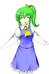  arms_behind_back ascot bad_anatomy blue_dress closed_eyes daiyousei dress fairy_wings frills green_hair long_hair moguran side_ponytail smile solo standing touhou wings 