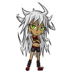  1girl boots chibi dark_skin eraser_razor getamped grey_hair midriff multicolored_eyes original personification samael_(5211) samael_2 scar shorts simple_background slit_pupils solo white_background 