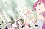  akemi_homura bare_shoulders beret black_hair blonde_hair blurry choker clenched_teeth corset covering_mouth depth_of_field detached_sleeves drill_hair gloves hairband hat holding_hands kaname_madoka long_hair looking_up magical_girl mahou_shoujo_madoka_magica multiple_girls pink_hair polearm puffy_sleeves purple_eyes sakura_kyouko short_hair short_twintails sino_(rtlsino) teeth tomoe_mami twin_drills twintails weapon white_gloves yellow_eyes 