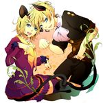  1girl absurdres animal_ears blonde_hair blue_eyes brother_and_sister cat_ears cat_tail domco dress fingernails hair_ornament hairclip headset highres jewelry kagamine_len kagamine_rin long_fingernails long_sleeves nail_polish open_mouth purple_legwear ring short_sleeves shorts siblings tail thighhighs twins vocaloid 