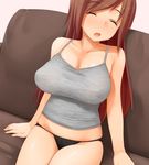  black_panties blush breasts brown_hair camisole cleavage closed_eyes couch huge_breasts kaisen_chuui long_hair open_mouth original panties shirt sitting sleeping sleeping_upright solo taut_clothes taut_shirt underwear 