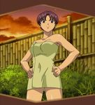  adult angry arm armpits arms bamboo bare_shoulders blue_eyes breasts female hair_up hand_on_hip hands_on_hip kisaragi_sayaka legs looking_at_viewer naked_towel peeping plant purple_hair short_hair sky stratos_4 sunset towel twilight 