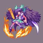  arm_cannon bad_id bad_pixiv_id black_hair black_wings bow cape feathers fire grin hair_bow hair_ornament kneehighs knees_together_feet_apart kou_2008 looking_at_viewer lowres miniskirt pixel_art red_eyes reiuji_utsuho simple_background skirt smile solo touhou weapon wings 